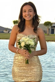 Sparkly Gold Sweetheart Strapless Bodycon Mini Homecoming Dress