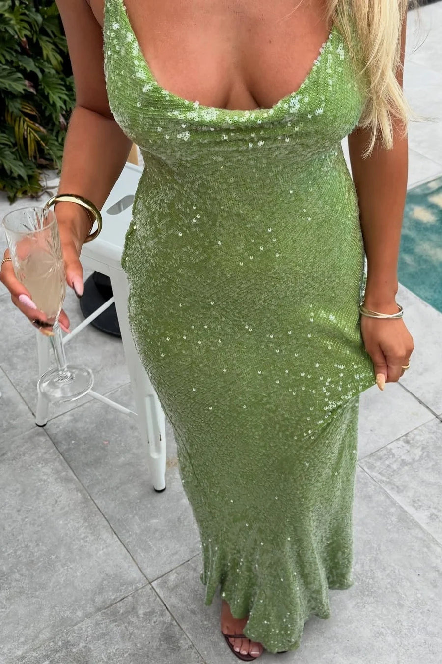 Sparkly Green Sequin Spaghetti Straps Backless Party Prom Dress