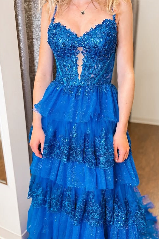 Sparkly Lace And Tulle A-Line Tiered Long Party Prom Dress