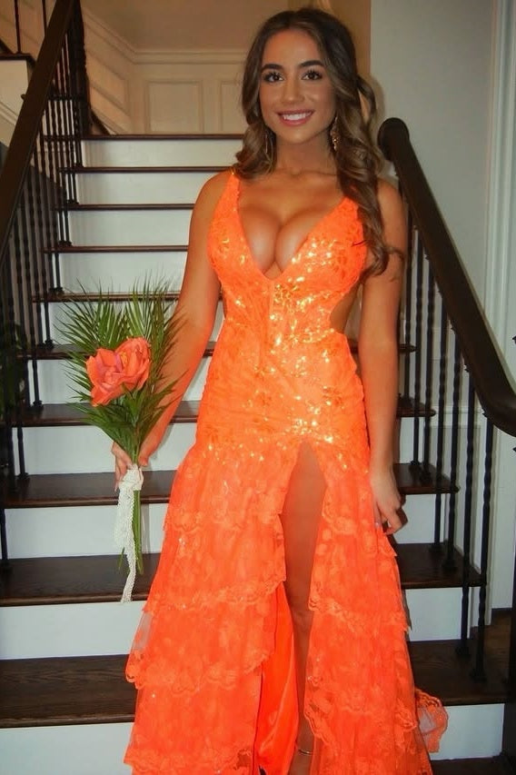 Sparkly Low V-Neck Open Back Tiered Lace A-Line Party Prom Dress