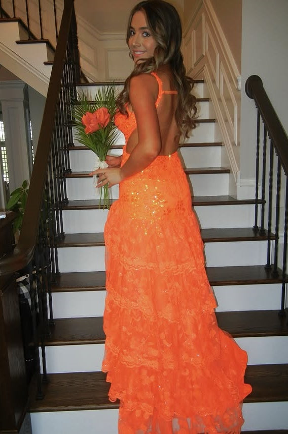Sparkly Low V-Neck Open Back Tiered Lace A-Line Party Prom Dress