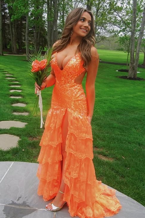 Sparkly Low V-Neck Open Back Tiered Lace A-Line Party Prom Dress