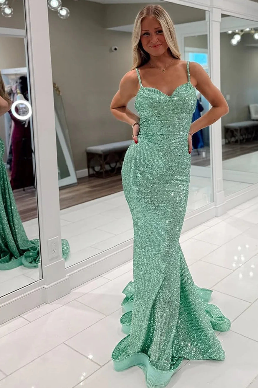 Sparkly Mermaid Sequin Backless Party Prom Dress With Train