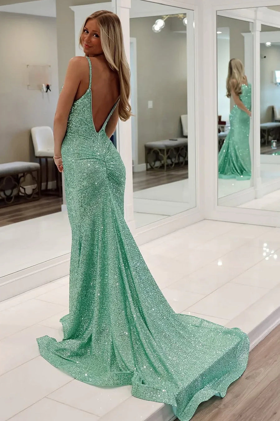 Sparkly Mermaid Sequin Backless Party Prom Dress With Train