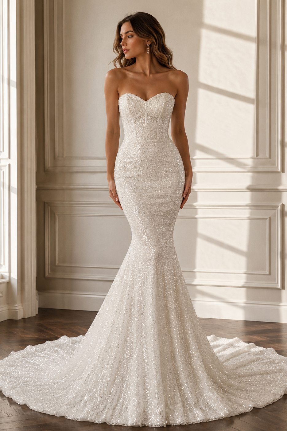 sequin wedding dress Luxury Sparkly Sequined Beaded Dresses ZW209 TANYA BRIDAL The sparkling sequin sweetheart lace A Beaded Long Slit Floral Applique