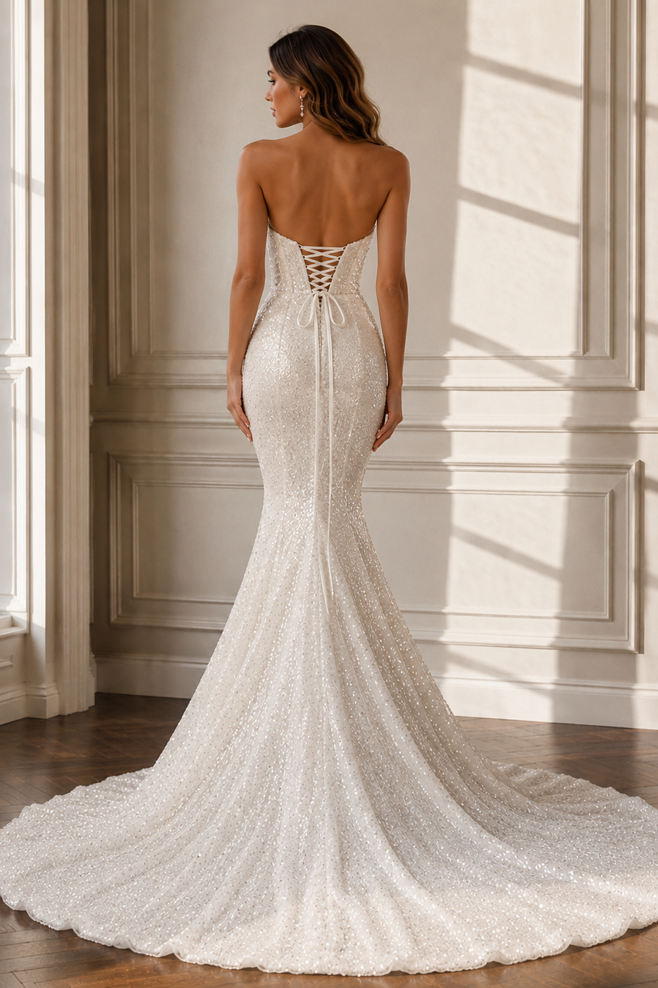 Sparkly Mermaid Sweetheart Lace-Up Sequin Wedding Dress White / US 16