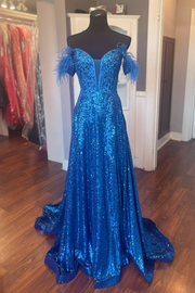 Sparkly Off-Shoulder A-Line Sequins Lace Appliques Prom Dress