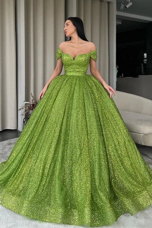 Sparkly Off-Shoulder Empire A-Line Sequin Prom Gown