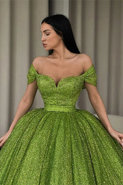Sparkly Off-Shoulder Empire A-Line Sequin Prom Gown