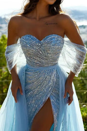 Sparkly Off-Shoulder Empire Sequins Prom Dress With Tulle Train