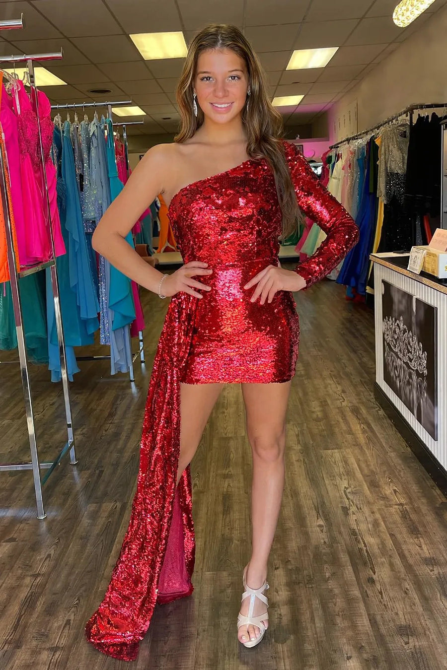 Sparkly One Shoulder Bodycon Empire Sequins Homecoming Dress | Joyofdress Sparkly One Shoulder Bodycon Empire Sequins Homecoming Dress | Joyofdress