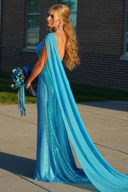 Sparkly One Shoulder Sequins Prom Dress With Train