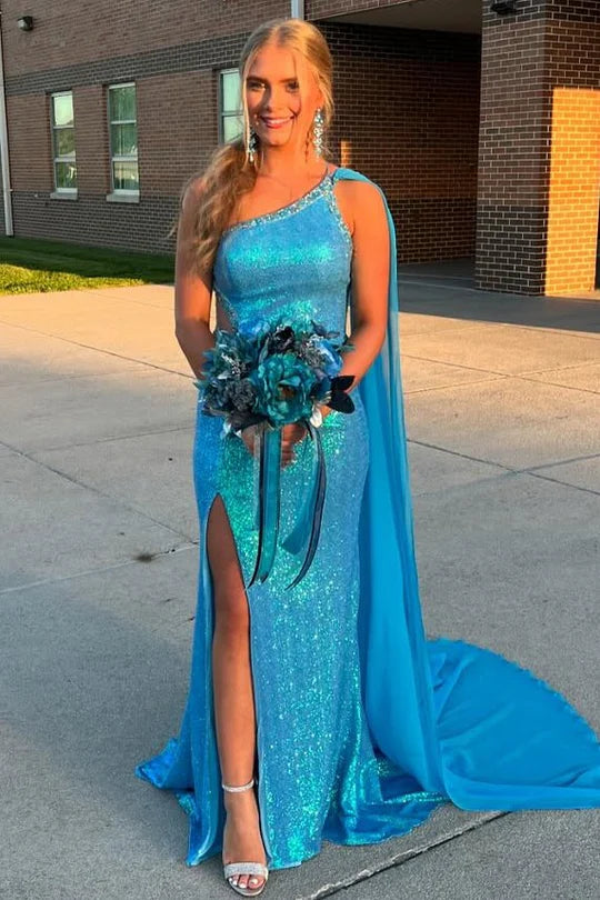 Sparkly One Shoulder Sequins Prom Dress With Train