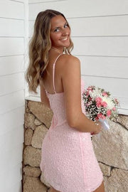 Sparkly Pink Boat Neck Sleeveless Sheath Party Homecoming Dress