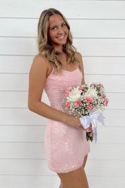 Sparkly Pink Boat Neck Sleeveless Sheath Party Homecoming Dress