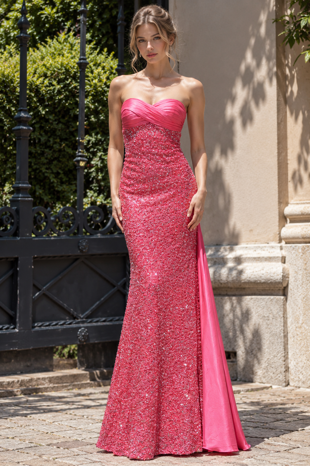 Sparkly Pink Sequin Sweetheart Strapless Maxi Party Prom Dress With Bow