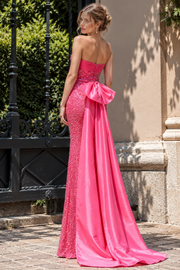 Sparkly Pink Sequin Sweetheart Strapless Maxi Party Prom Dress With Bow