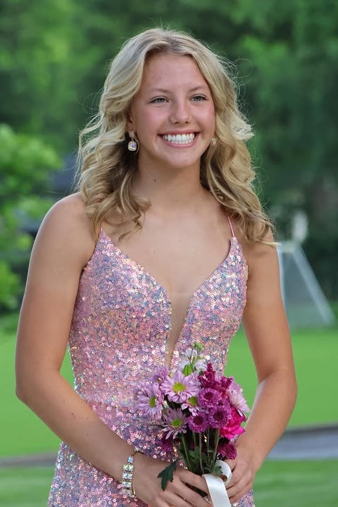 Sparkly Pink Sequins V-Neck Sleeveless Short Homecoming Party Dress