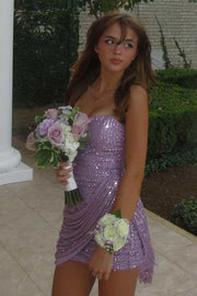 Sparkly Purple Sequin Boat Strapless Mini Party Homecoming Dress