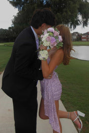 Sparkly Purple Sequin Boat Strapless Mini Party Homecoming Dress