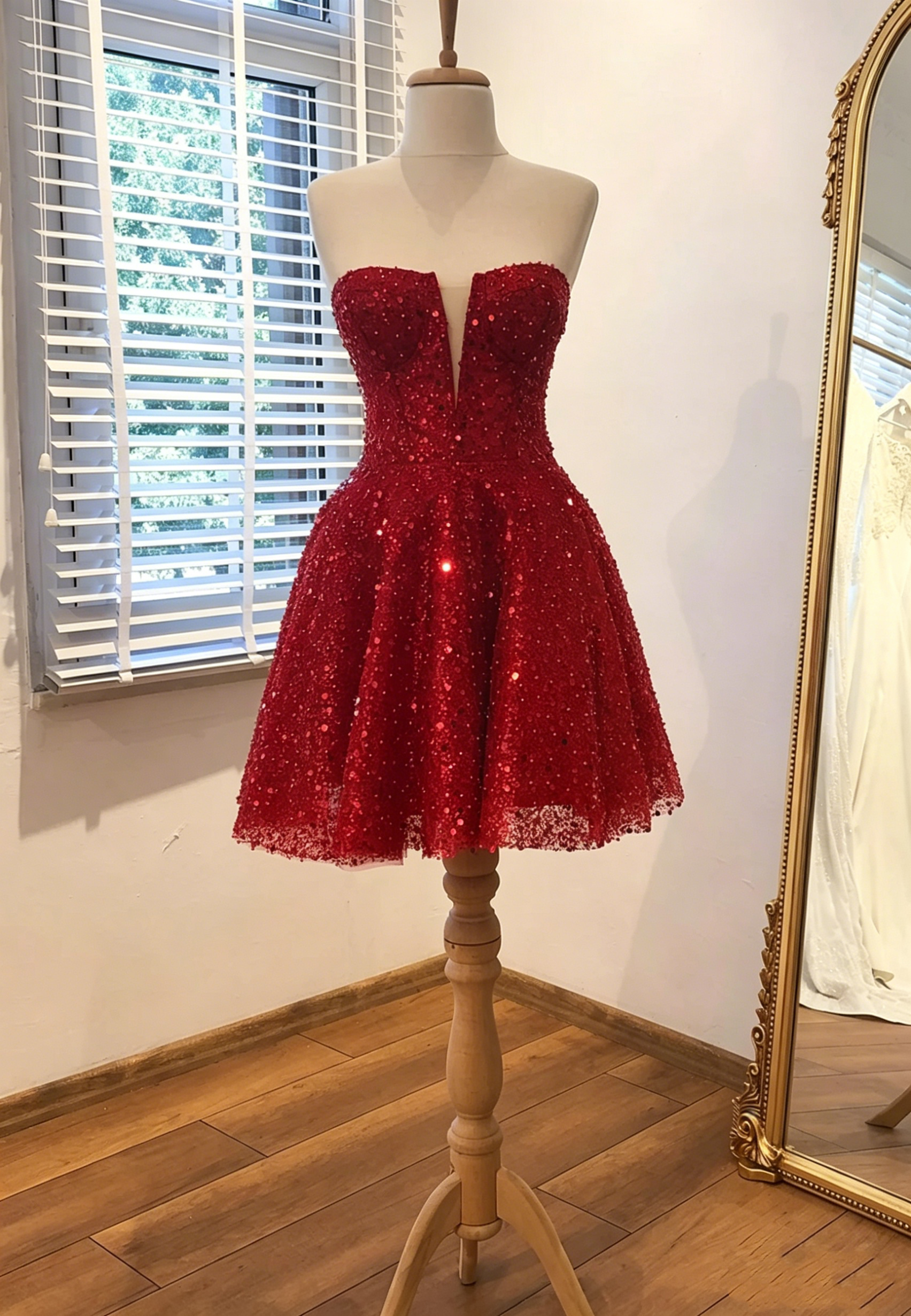 Sparkly Red A-Line Sleeveless Sequin Homecoming Dress