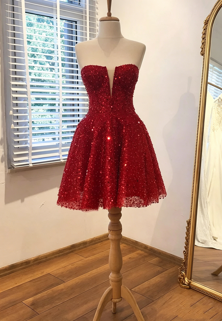 Sparkly Red A-Line Sleeveless Sequin Homecoming Dress
