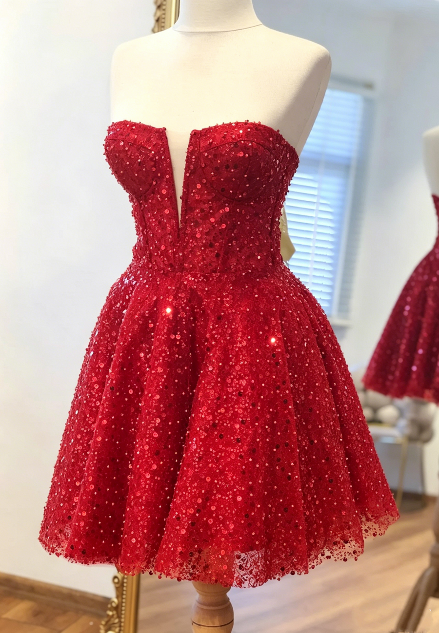 Sparkly Red A-Line Sleeveless Sequin Homecoming Dress