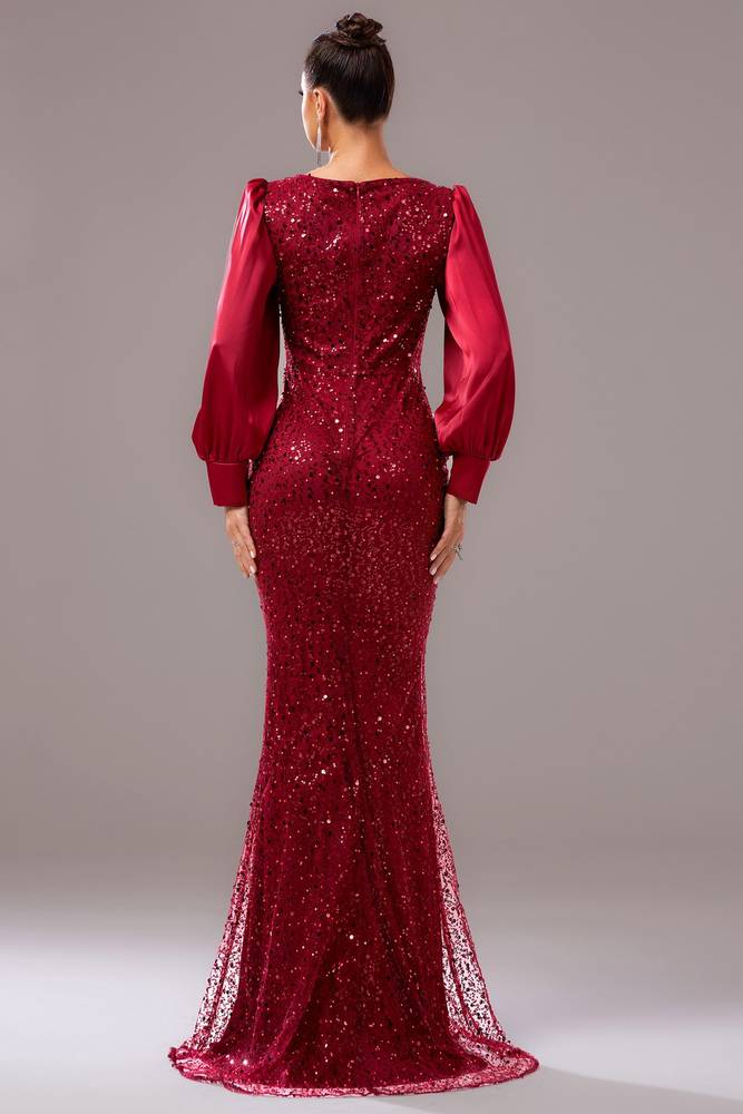 Sparkly Red Long Sleeves Mermaid Party Evening Dress