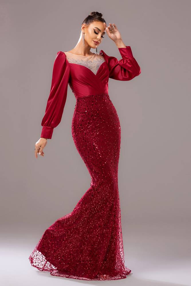 Sparkly Red Long Sleeves Mermaid Party Evening Dress