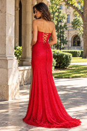 Sparkly Red Strapless Trumpet Long Party Prom Dress With Leg Slit