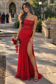 Sparkly Red Strapless Trumpet Long Party Prom Dress With Leg Slit