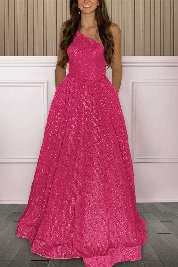 Sparkly Sequins A-Line One Shoulder Long Prom Dress