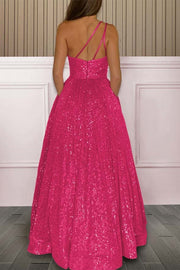 Sparkly Sequins A-Line One Shoulder Long Prom Dress