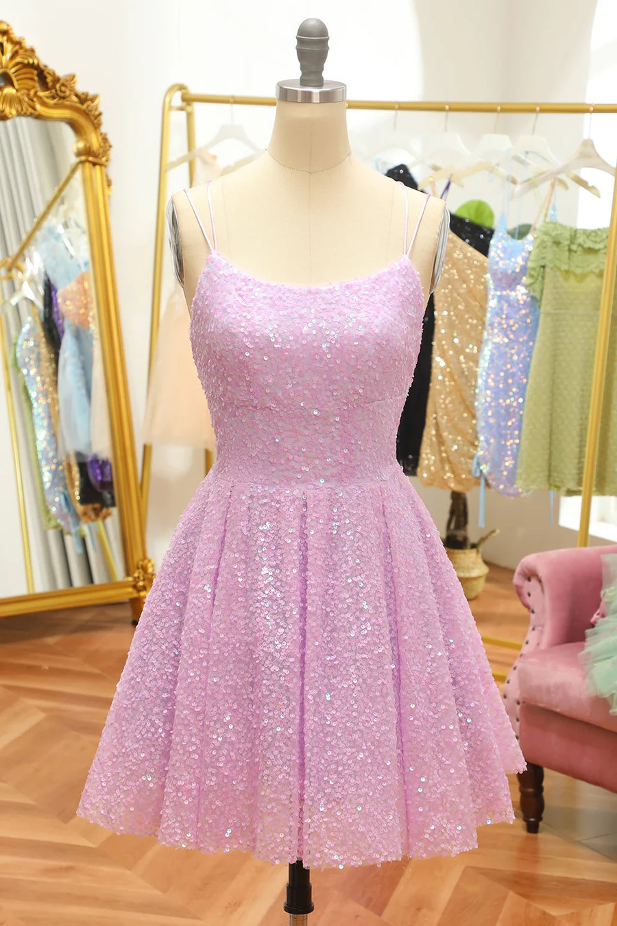 Sparkly Sequins Bateau Sleeveless Lace Up Homecoming Dress