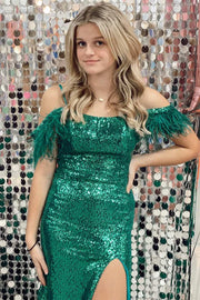 Sparkly Sequins Feathers Off-Shoulder With Side Slit Prom Dress