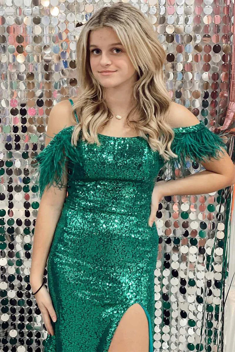 Sparkly Sequins Feathers Off-Shoulder With Side Slit Prom Dress