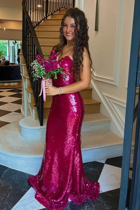 Sparkly Spaghetti Straps Lace-Up Mermaid Sequin Party Prom Dress