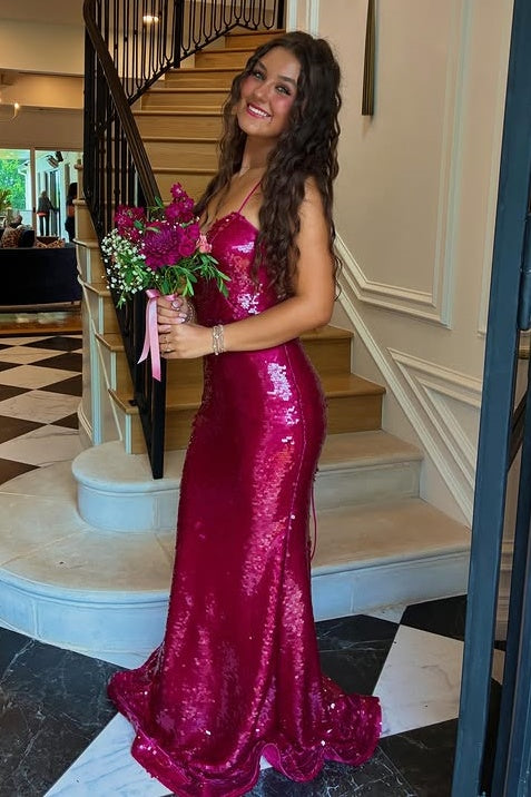Sparkly Spaghetti Straps Lace-Up Mermaid Sequin Party Prom Dress