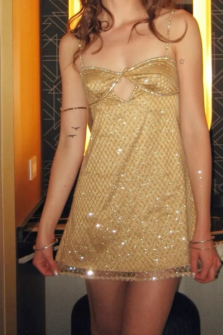 Sparkly Spaghetti Straps Open Back Lace-Up Short Party Homecoming Dress