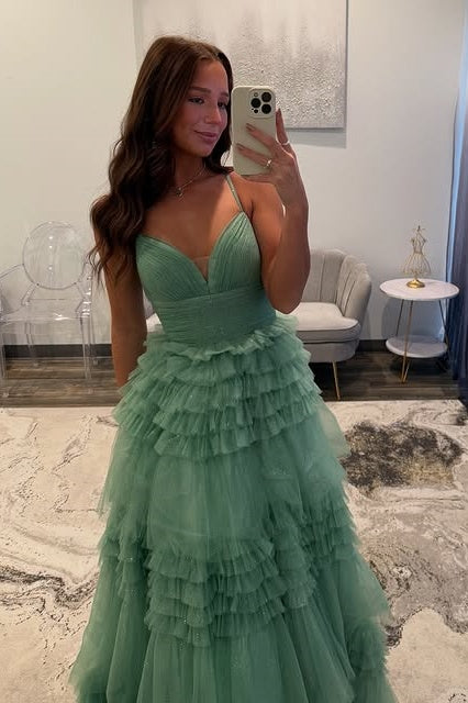Sparkly Spaghetti Straps Tulle A-Line Tiered Party Prom Dress