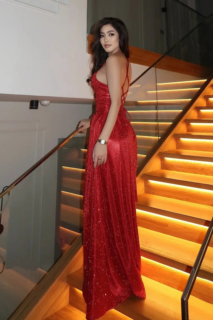 Sparkly Square A-Line Lace-Up Long Party Prom Dress