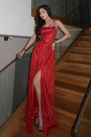 Sparkly Square A-Line Lace-Up Long Party Prom Dress