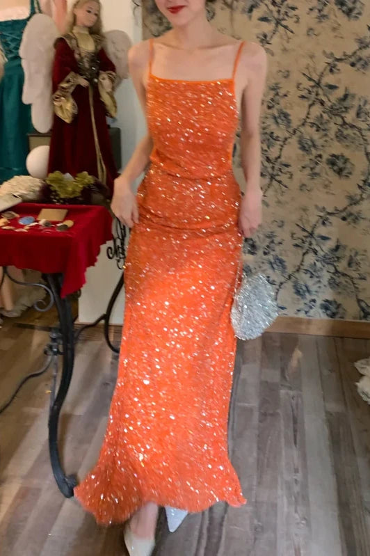 Sparkly Square Open Back Sequin Fitted Party Prom Dress