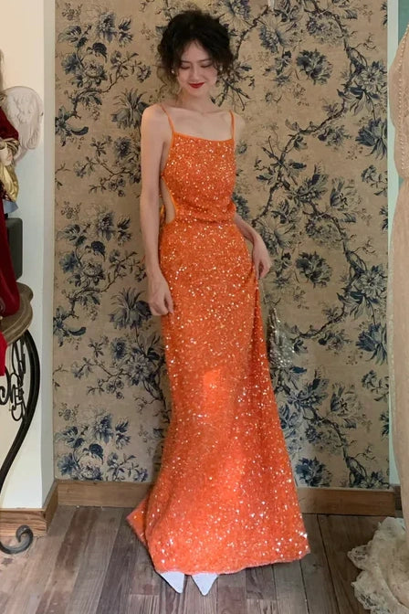 Sparkly Square Open Back Sequin Fitted Party Prom Dress