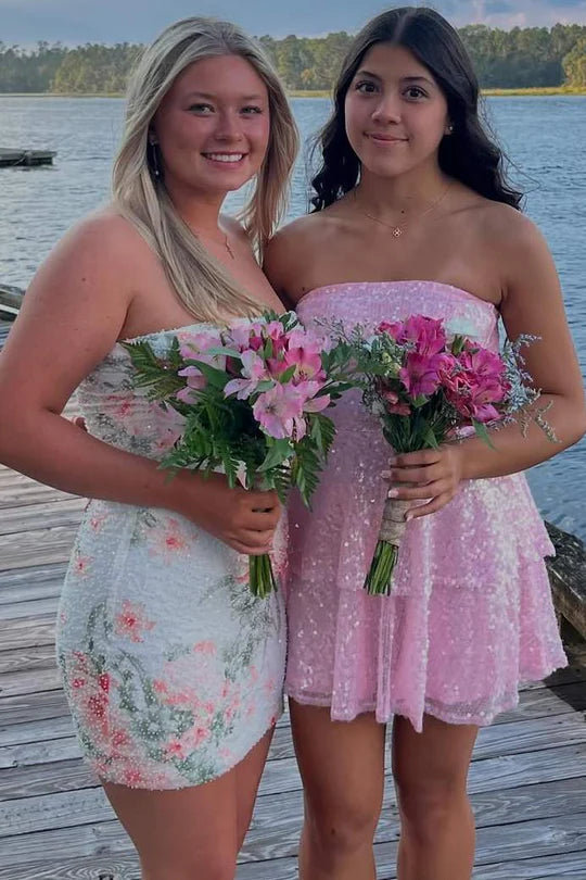 Sparkly Strapless Empire Ruffle A-Line Sequins Homecoming Dress 