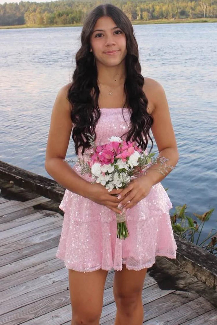 Sparkly Strapless Empire Ruffle A-Line Sequins Homecoming Dress 