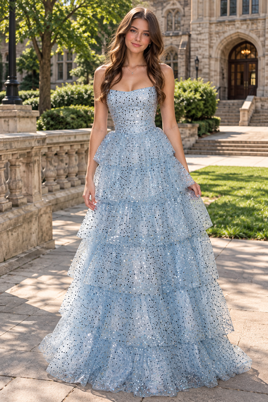 Sparkly Strapless Lace-Up A-Line Tiered Sequin Long Party Prom Dress
