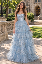 Sparkly Strapless Lace-Up A-Line Tiered Sequin Long Party Prom Dress