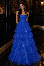 Sparkly Strapless Lace-Up A-Line Tiered Sequin Long Party Prom Dress