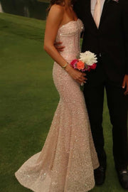 Sparkly Strapless Mermaid Sequin Party Prom Dress With Train